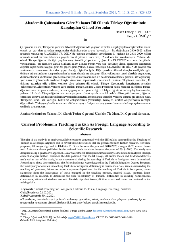 (PDF) Current Problems in Teaching Turkish As Foreign Language ...