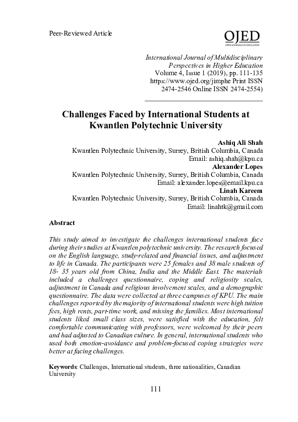 (PDF) Challenges faced by International students at Kwantlen ...