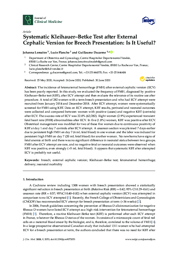 (PDF) Systematic KleihauerBetke Test after External Cephalic Version
