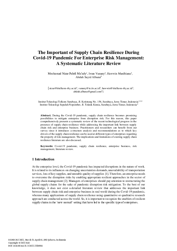 (PDF) The Important of Supply Chain Resilience During Covid-19 Pandemic ...