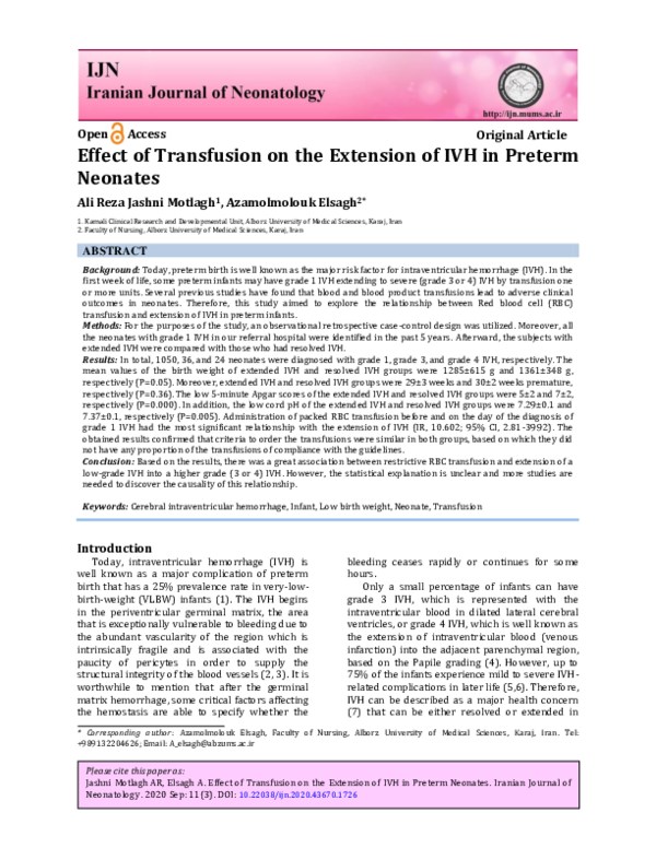 (PDF) Effect of Transfusion on the Extension of IVH in Preterm Neonates
