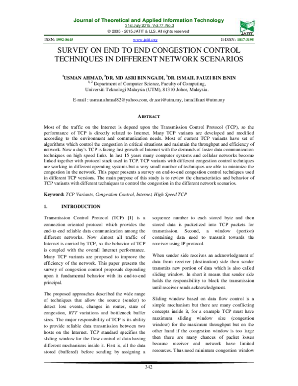 (PDF) Survey on end to end congestion control techniques in different ...