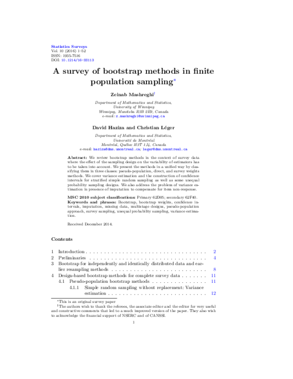 (PDF) A survey of bootstrap methods in finite population sampling