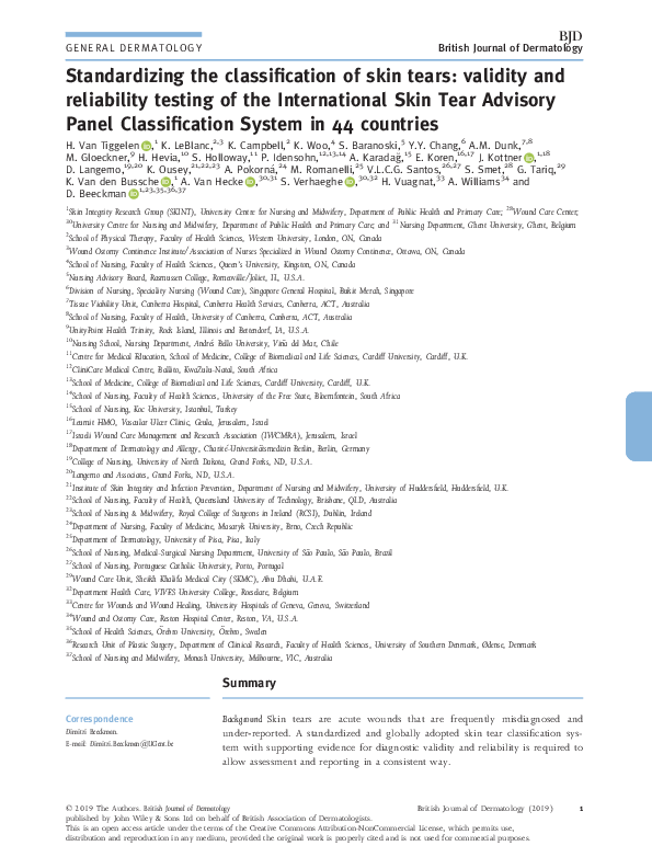 (PDF) Standardizing the classification of skin tears validity and reliability
