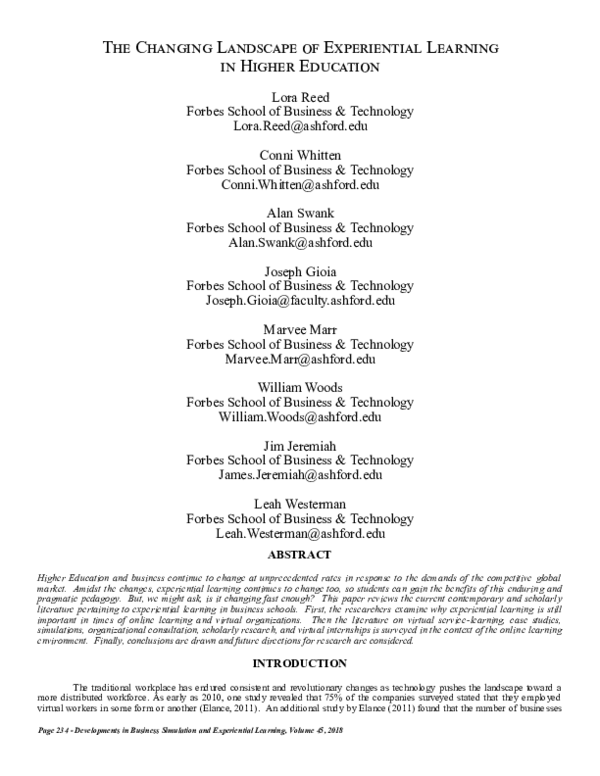 (PDF) The Changing Landscape of Experiential Learning in Higher Education