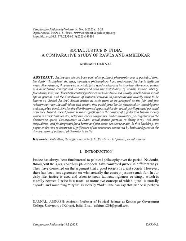 (PDF) Social Justice in India: A Comparative Study of Rawls and Ambedkar