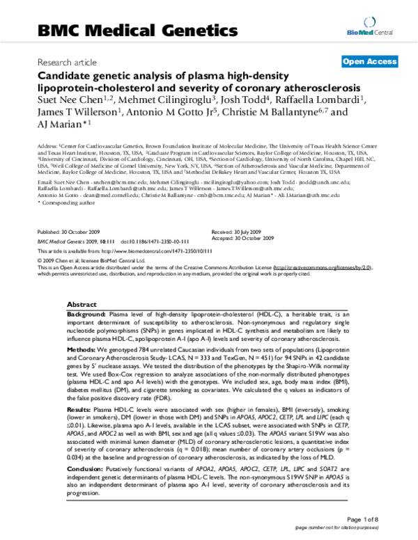 (PDF) Candidate genetic analysis of plasma high-density lipoprotein ...