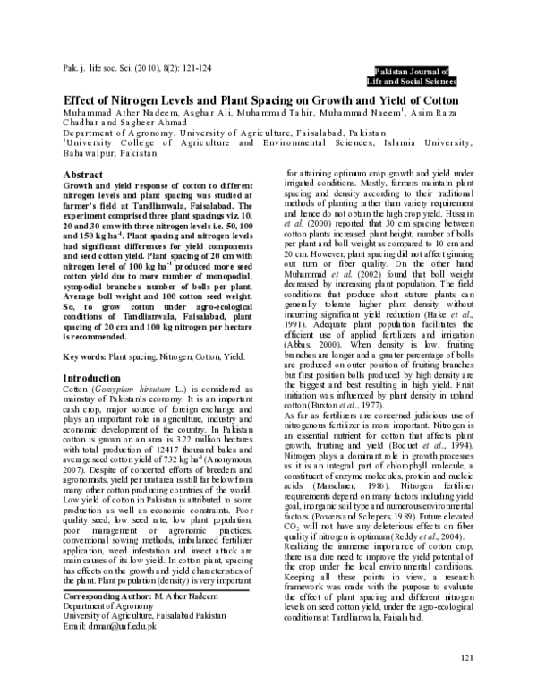 (PDF) Effect of Nitrogen Levels and Plant Spacing on Growth and Yield ...