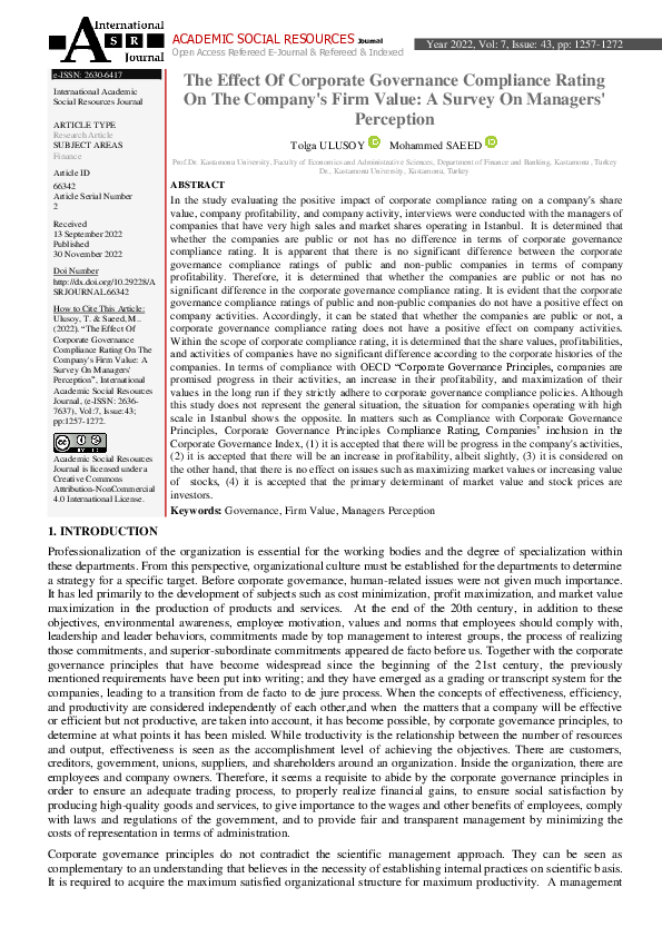 (PDF) The Effect of Corporate Governance Compliance Rating on the ...