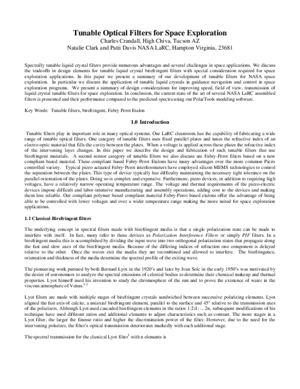 (PDF) Tunable optical filters for space exploration