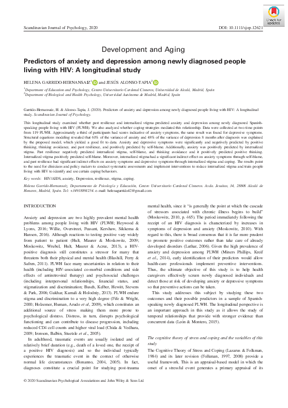 (PDF) Predictors of anxiety and depression among newly diagnosed people ...