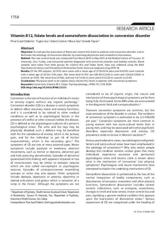 (PDF) Vitamin B12, Folate Levels and Somatoform Dissociation in ...