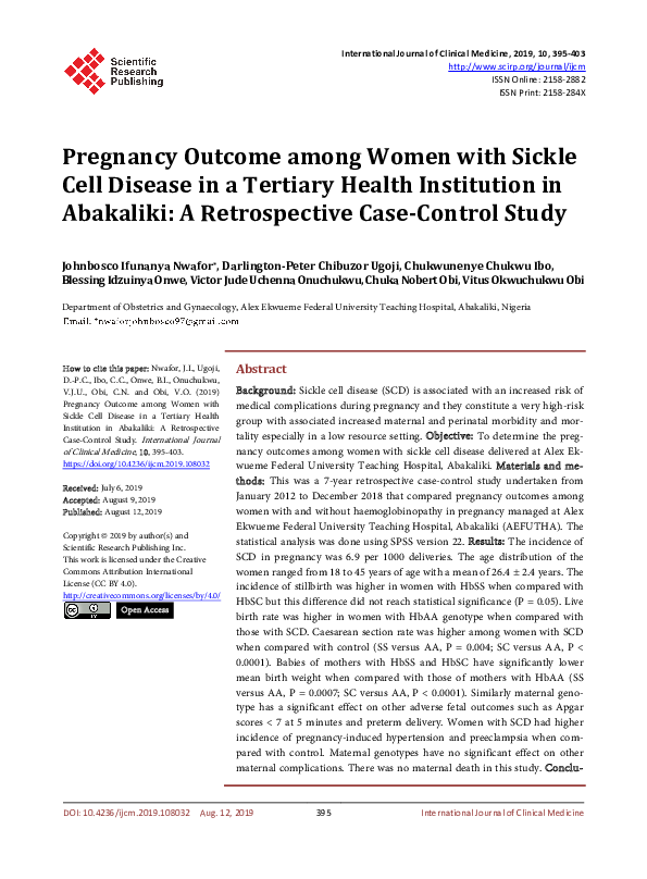 (PDF) Pregnancy Outcome among Women with Sickle Cell Disease in a ...