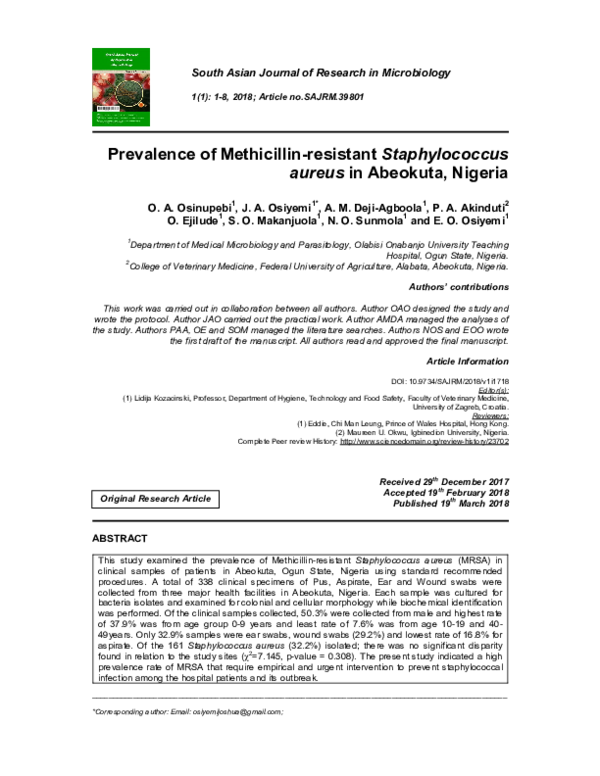 (PDF) Prevalence of Methicillin-resistant Staphylococcus aureus in ...