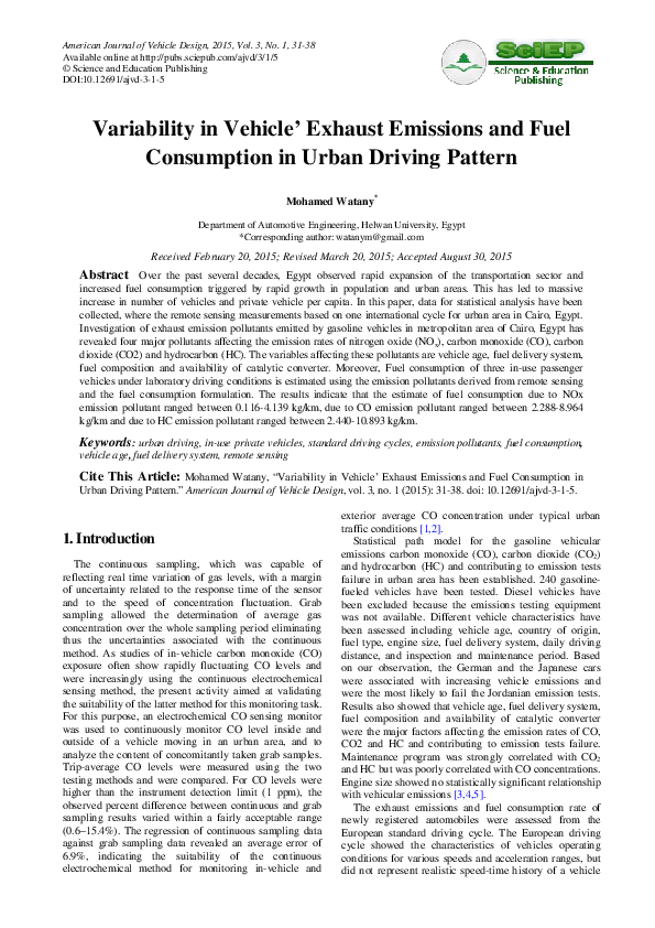 (PDF) Variability in Vehicle’ Exhaust Emissions and Fuel Consumption in ...