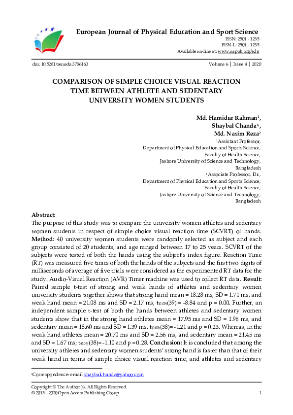 (PDF) Comparison of Simple Choice Visual Reaction Time Between Athlete ...
