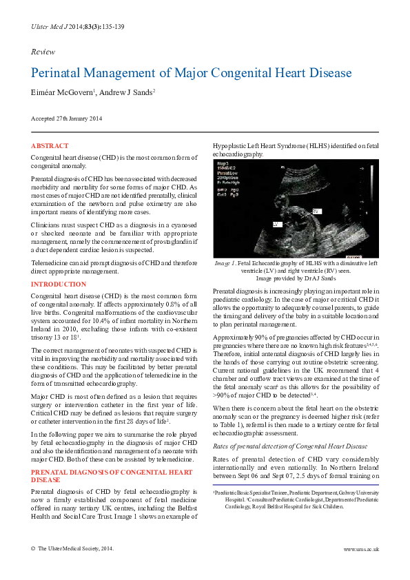 (PDF) Perinatal management of major congenital heart disease