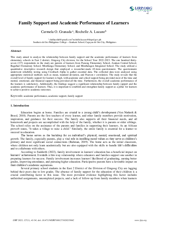 (PDF) Family Support and Academic Performance of Learners
