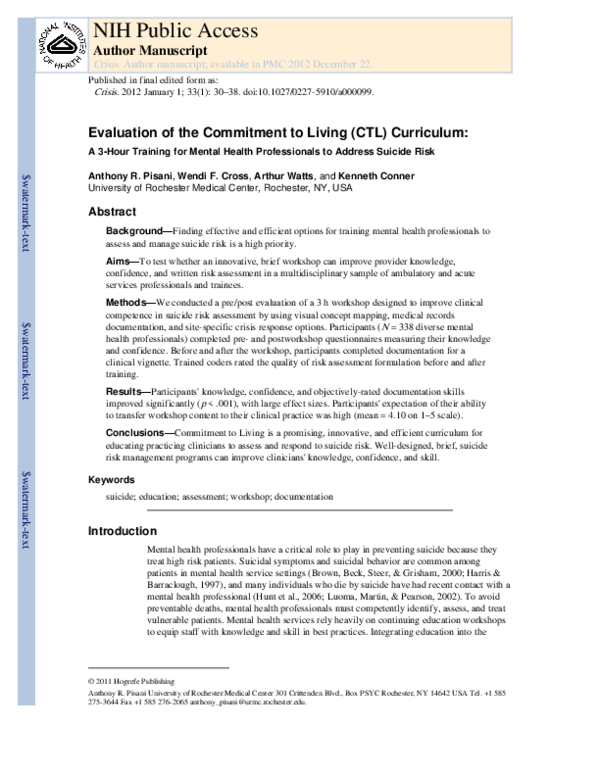 (PDF) Evaluation of the Commitment to Living (CTL) Curriculum