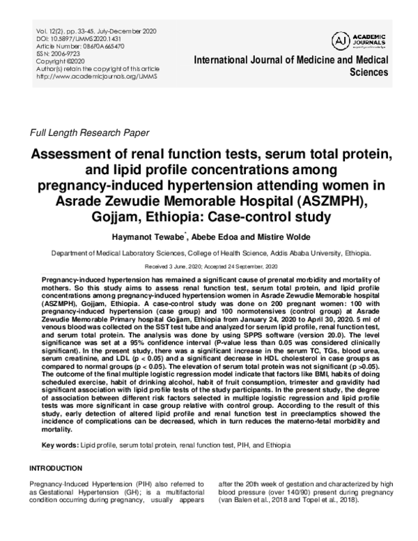 (PDF) Assessment of renal function tests, serum total protein, and ...