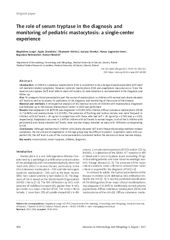 (PDF) The role of serum tryptase in the diagnosis and monitoring of ...