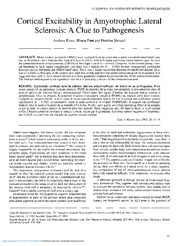 (PDF) Cortical Excitability in Amyotrophic Lateral Sclerosis: A Clue to ...