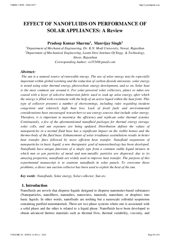 (PDF) EFFECT OF NANOFLUIDS ON PERFORMANCE OF SOLAR APPLIANCES: A Review