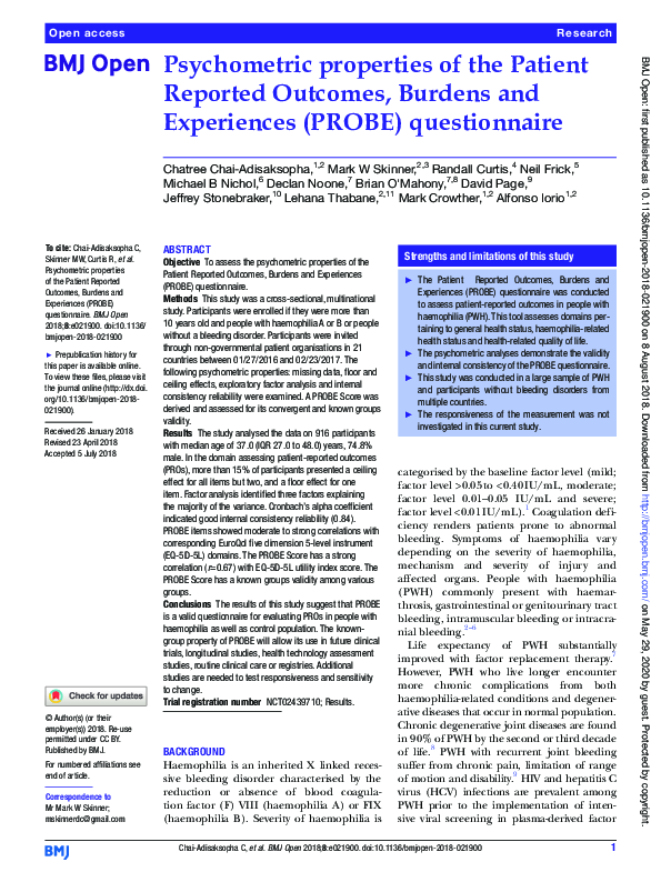 (PDF) Psychometric properties of the Patient Reported Outcomes, Burdens ...