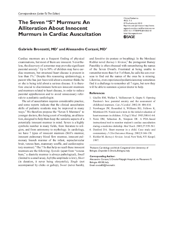 (PDF) The Seven “S” Murmurs: An Alliteration About Innocent Murmurs in ...