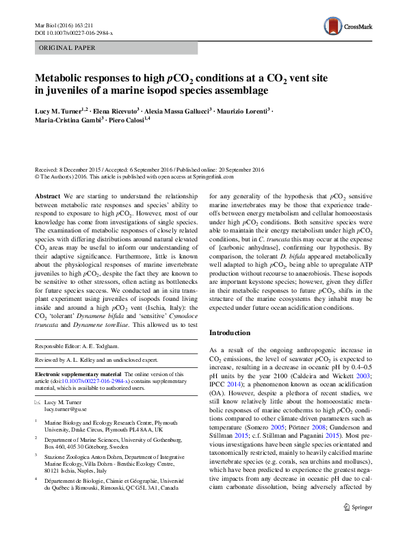 (PDF) Metabolic responses to high pCO2 conditions at a CO2 vent site in ...