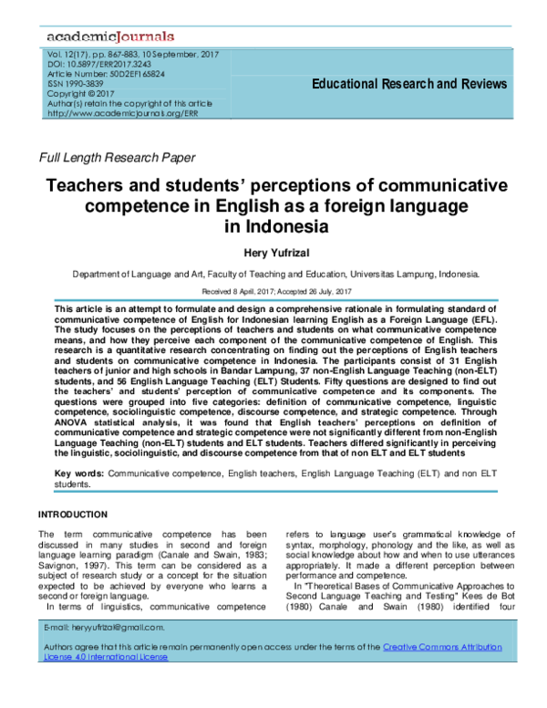 (PDF) Teachers and students perceptions of communicative competence in ...
