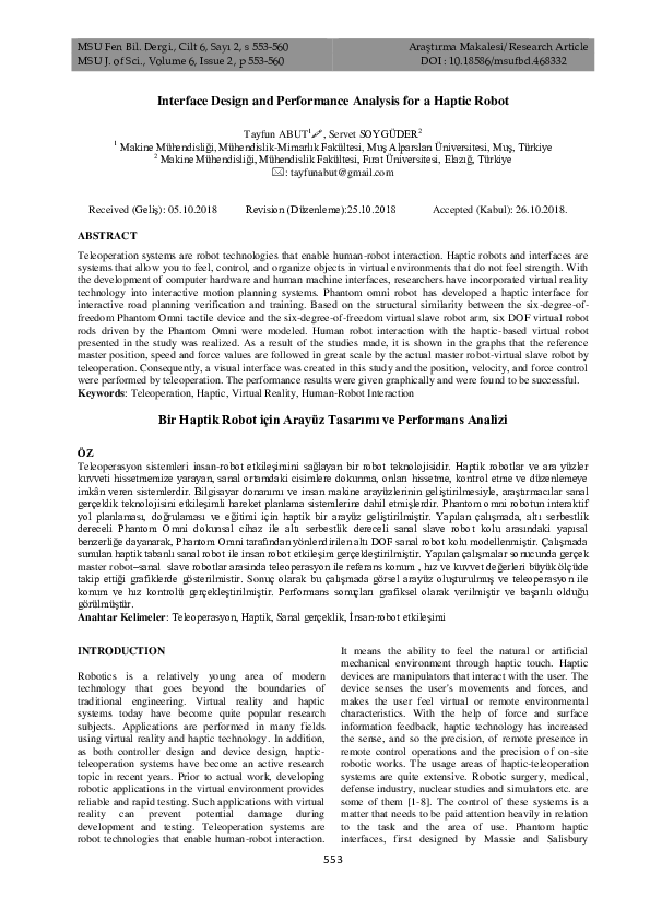 (PDF) Interface Design and Performance Analysis for a Haptic Robot
