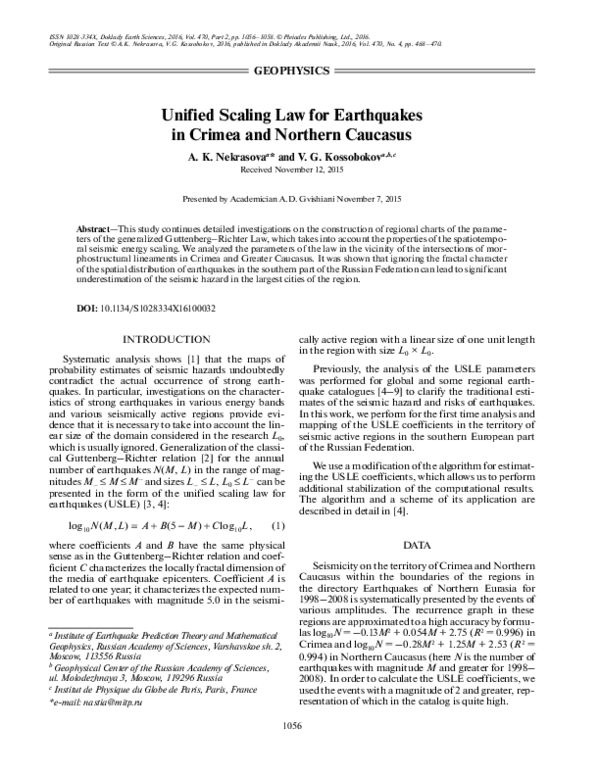 (PDF) Unified scaling law for earthquakes in Crimea and Northern Caucasus