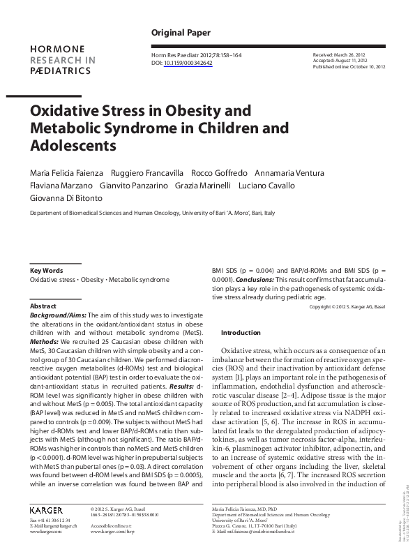 (PDF) Oxidative Stress in Obesity and Metabolic Syndrome in Children ...