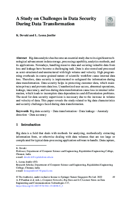 (PDF) A Study on Challenges in Data Security During Data Transformation