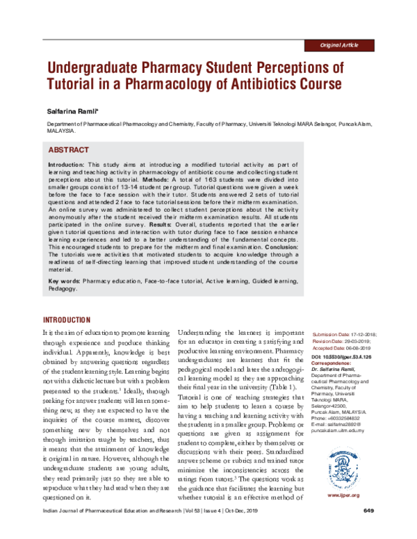 (PDF) Undergraduate Pharmacy Student Perceptions of Tutorial in a ...
