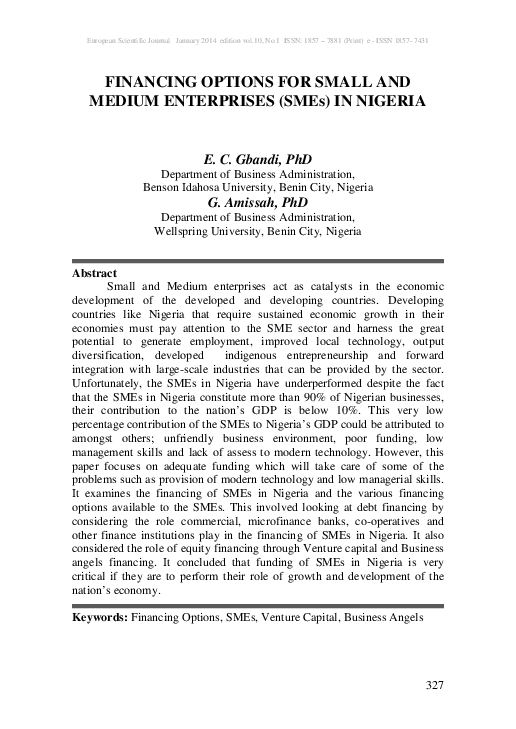 (PDF) FINANCING OPTIONS FOR SMALL AND MEDIUM ENTERPRISES (SMEs) IN NIGERIA