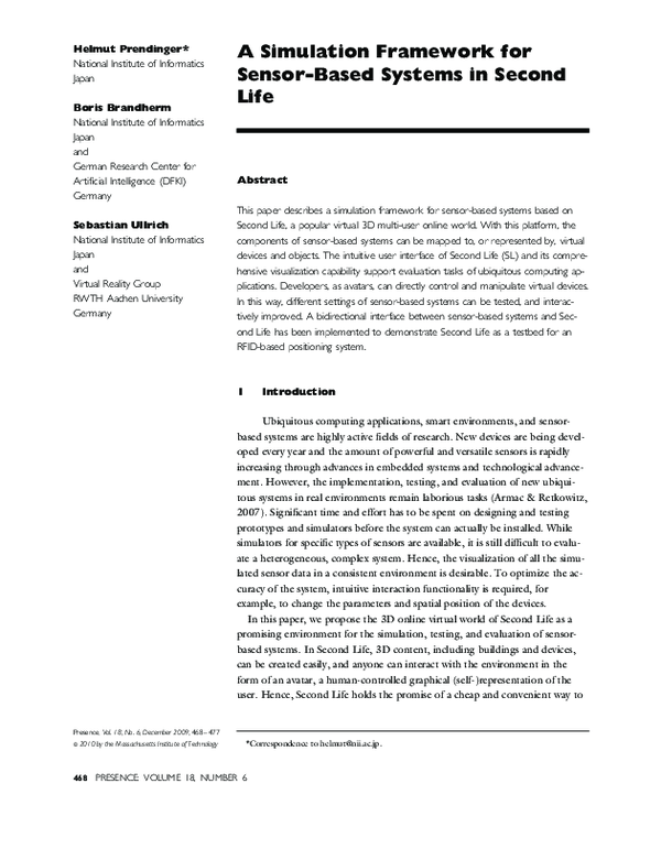 (PDF) A Simulation Framework for Sensor-Based Systems in Second Life