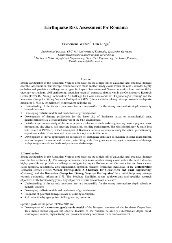 (PDF) Earthquake risk assessment for Romania