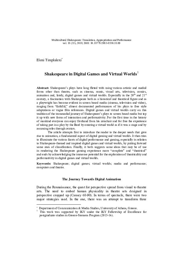 (PDF) Shakespeare in Digital Games and Virtual Worlds
