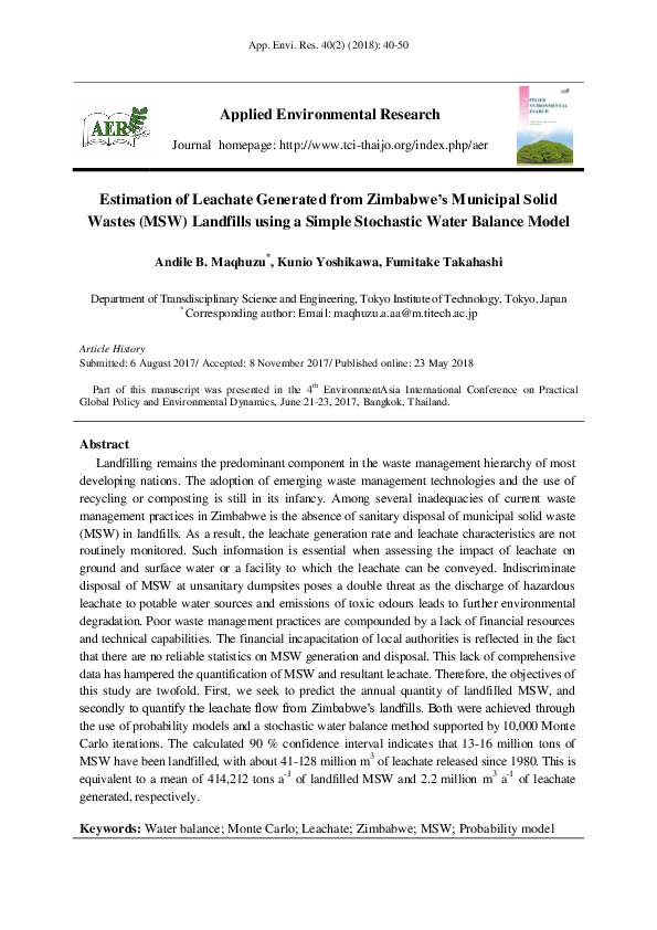 (PDF) Estimation of Leachate Generated from Zimbabwe’s Municipal Solid ...