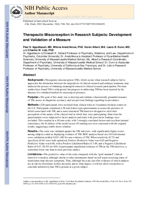 (PDF) Therapeutic misconception in research subjects: Development and ...