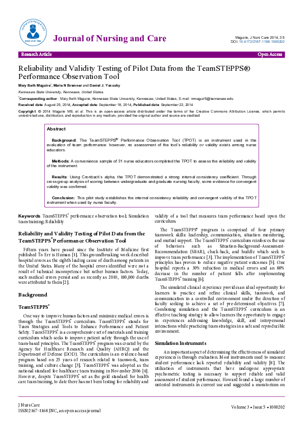 (PDF) Reliability and Validity Testing of Pilot Data from the ...