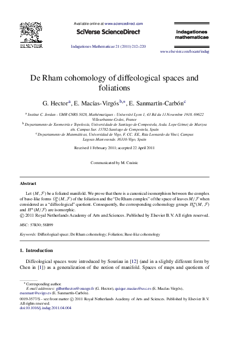 (PDF) De Rham cohomology of diffeological spaces and foliations