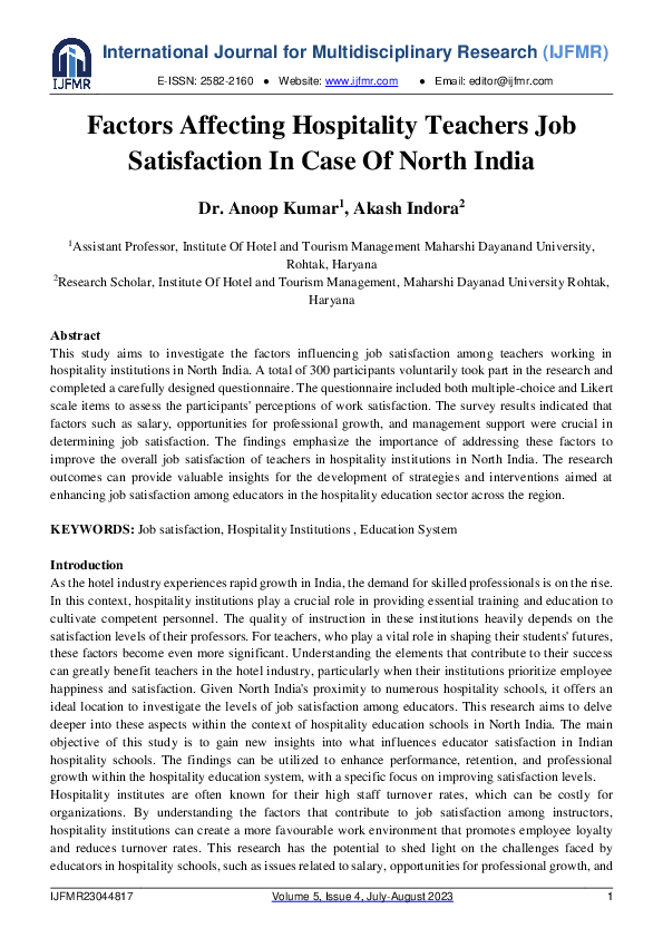 (PDF) Factors Affecting Hospitality Teachers Job Satisfaction in Case ...