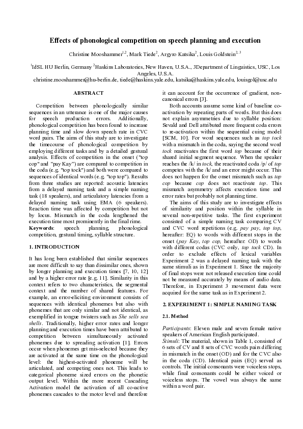 (PDF) Effects of phonological competition on speech planning and execution
