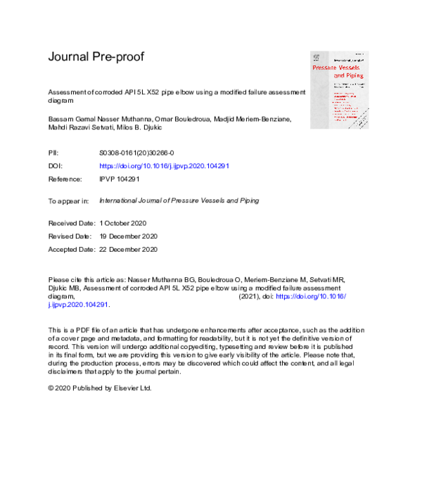 (PDF) Assessment of corroded API 5L X52 pipe elbow using a modified ...