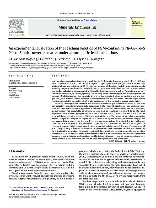 (PDF) An experimental evaluation of the leaching kinetics of PGM ...