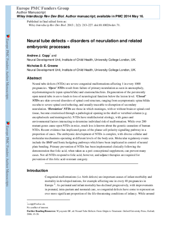 (PDF) Neural tube defects-disorders of neurulation and related ...