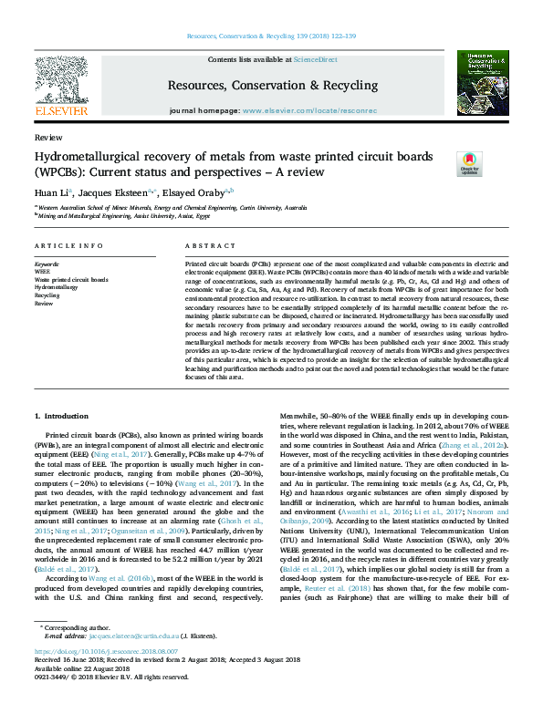 (PDF) Hydrometallurgical recovery of metals from waste printed circuit ...